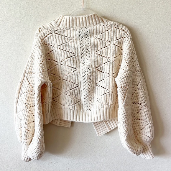 KING & TUCKFIELD Pointelle Knit Merino Wool Cardigan In Cream - Picture 6 of 9